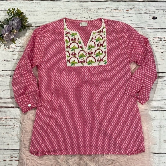 Delfina Tunic Pink Geometric Beaded Floral Resort Top - Picture 1 of 8